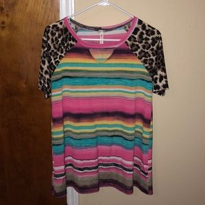Boutique scoop neck striped/leopard print top